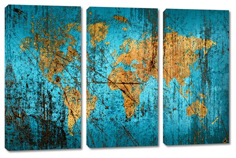 Munsell Blue World Map Canvas Print Wall Art, 3 Panel Split, Triptych Wall Art, 24x16 ...