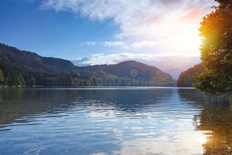 Fantastic Sunset of Alpsee Lake in the German Alps in Hohenschwangau Near Castles Hohenschwangau ...