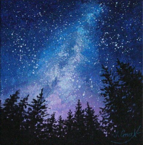 the night sky with stars and trees painted on canvases, as well as ...