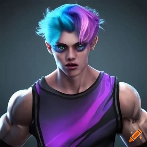 Monster with black, blue, and purple hair, muscular body, combat boots, and unique eye colors on ...