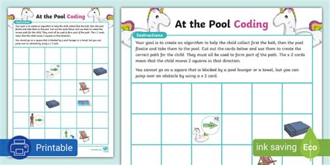 Coding For Kids | Worksheet | At The Pool Activity - Twinkl