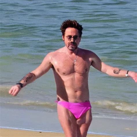 robert downey jr wearing a pink bikini in the beach, | Stable Diffusion