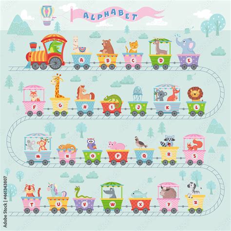 Alphabet train with animals. Cartoon animal illustration in van ...