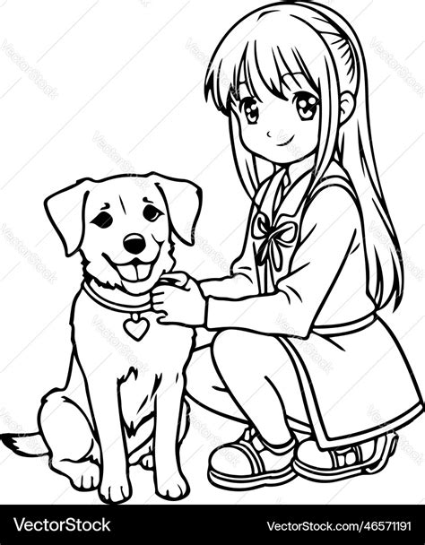 Anime girl play with dog coloring Royalty Free Vector Image