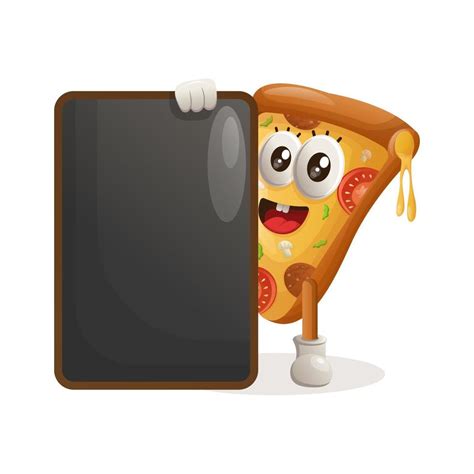 Cute pizza mascot holding menu black Board, menu board, sign board ...