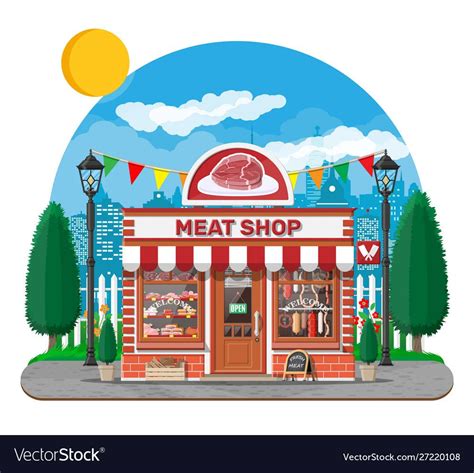 Vintage butcher shop store facade with storefront. Meat street market ...