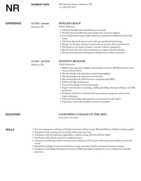 Vehicle Technician Resume Samples | Velvet Jobs