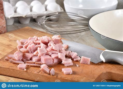 Diced ham with eggs stock photo. Image of skillet, breakfast - 128211834