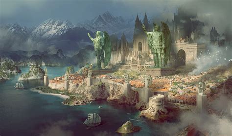 artwork, fantasy art, city, fantasy city, statue, mountains, sea ...