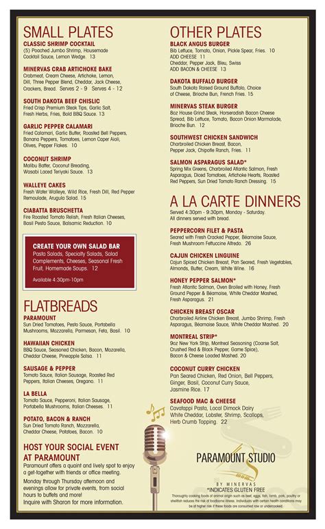 Minervas Restaurant & Bar menu in Rapid City, South Dakota, USA