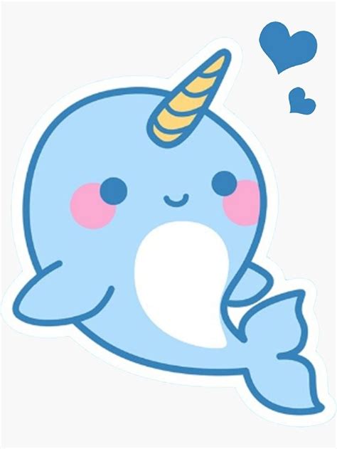 Cute Narwhal Sticker with Hearts and Unicorn Horn