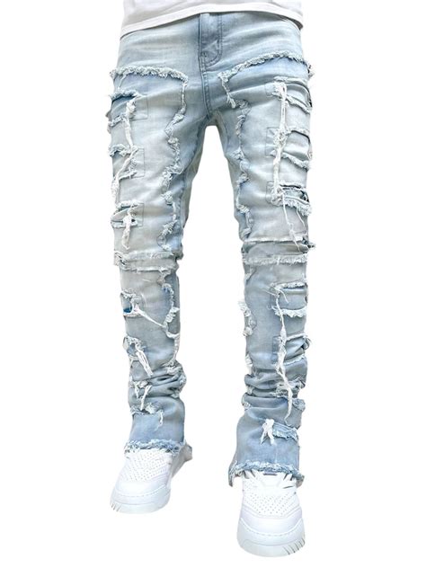 Sunisery Men's Regular Fit Stacked Jeans Patch Distressed Denim Pants ...