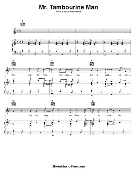 Mr Tambourine Man Sheet Music Bob Dylan - ♪ SHEETMUSIC-FREE.COM