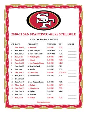 Printable 2020-2021 San Francisco 49ers Schedule