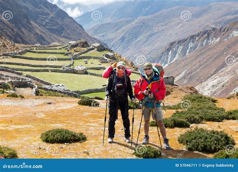 Couple Tourists Backpackers Standing Mountain Farm Village, Nep Stock Image - Image of canyon ...