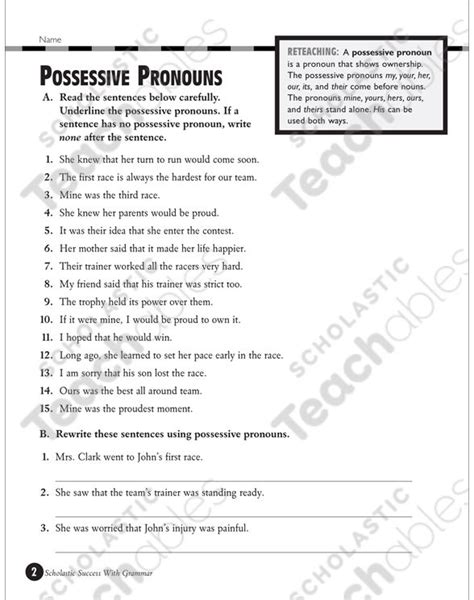 Possessive Pronouns (Grades 5-6) | Printable Test Prep, Tests and Skills Sheets | Possessive ...