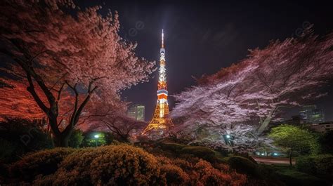 The Tokyo Tower At Night In Pink Cherry Blossom Background, Cherry ...