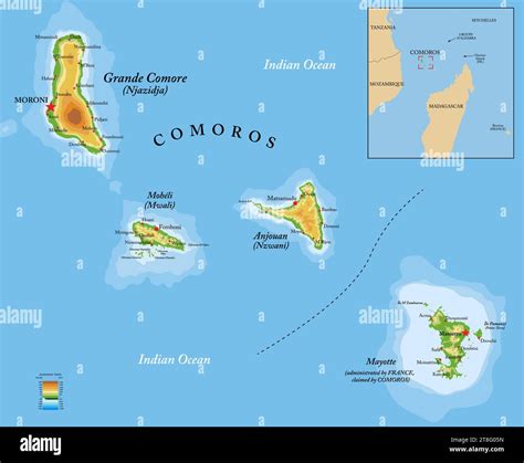 Highly detailed physical map of Comoros islands in vector format,with ...