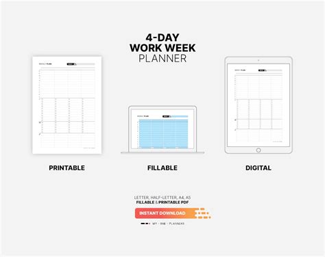 4-day Work Week Planner, Printable Productivity Action Plan Tracker, Fillable Task Checklist ...