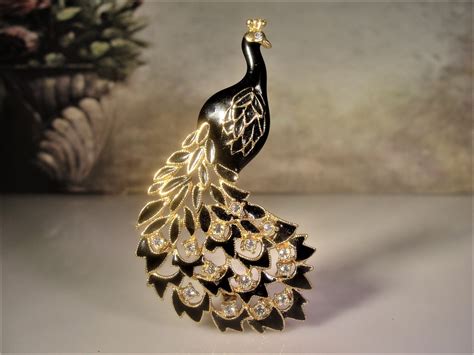 Peacock Brooch, Black and Gold Peacock Brooch, Rhinestone Brooch, Bird ...