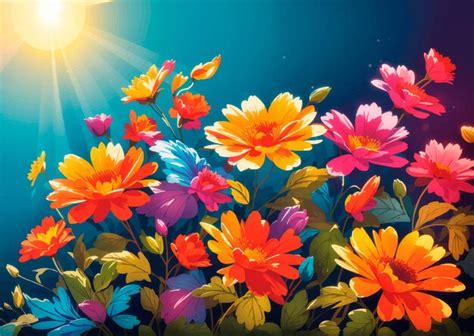 Premium Vector | A colorful picture of flowers with the sun shining on ...