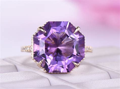 Octagonal Amethyst Ring Art Deco Bands Milgrain Under Gallery 14K Yellow Gold 13mm | Amethyst ...