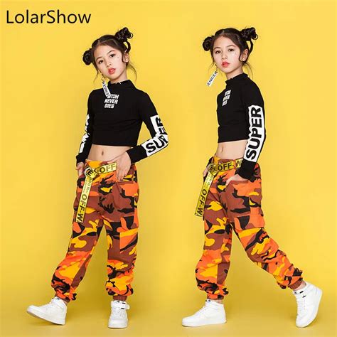 Jazz Dance Costumes For Girls Black Long Sleeve Tops Camouflage Pants ...