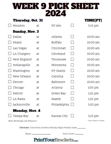 Pacific Time Week 9 NFL Schedule 2024 - Printable