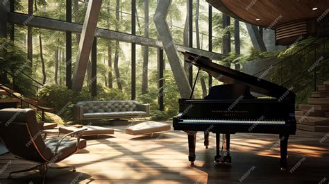 Premium AI Image | A piano sits in a living room with a forest background.