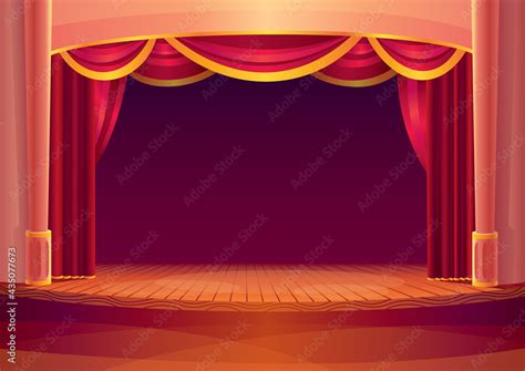 Theater stage with red curtains and on light. Vector cartoon illustration of theatre interior ...