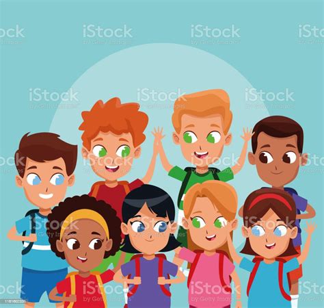 School Boys And Girls Cartoons Stock Illustration - Download Image Now - Backgrounds, Blue ...