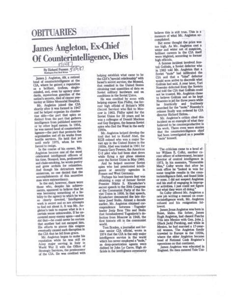 OBITUARIES James Angleton, Ex-Chief Of Counterintelligence, Dies