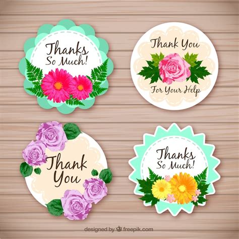 Free Vector | Set of four floral thank you stickers