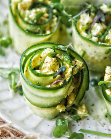 "Egg" Salad Cucumber Roll Ups - Plantifully Based