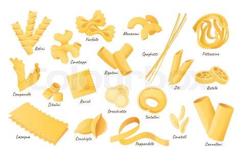 Italian pasta shapes. Fettuccine, spaghetti and lasagna. Dry cannelloni ...