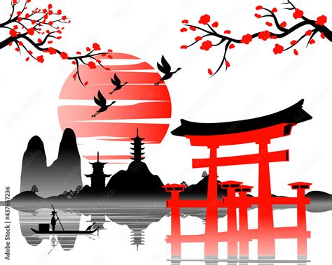 Japanese art with ancient design of Torii gate and the beautiful nature ...