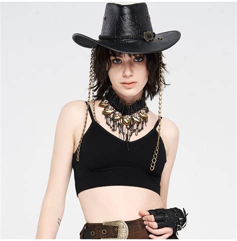 Black Chained Curved PU Leather Steampunk Cowboy Hat | Punk Rave | Cowboy hats, Leather cowboy ...