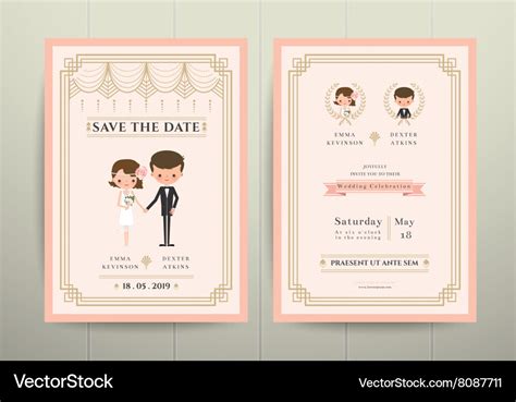 Art Deco Cartoon Couple Wedding Invitation Card Vector Image