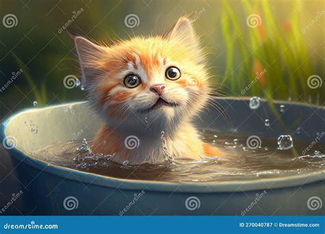 Little Cat Having Fun Playing with Water in a Basin Generative AI Stock ...