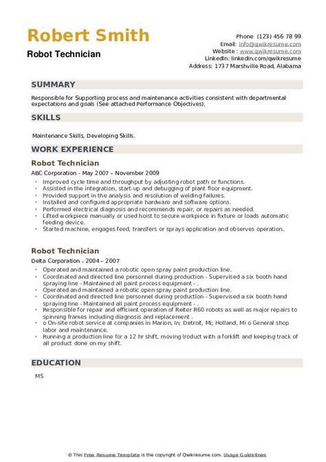 Robot Technician Resume Samples | QwikResume