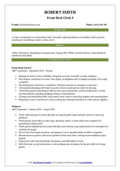 Front Desk Clerk Resume Samples | QwikResume