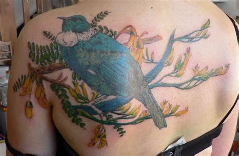 Auntie Em's Tattoos: Kowhai Bird (New Zealand) and Flax Flowers Tattoo