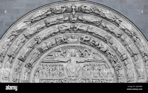 Tympanum and lintel of the central portal, showing Last Judgement ...