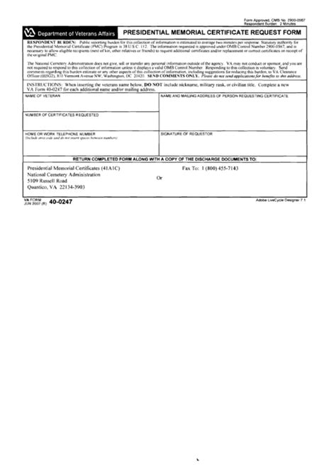 Presidential Memorial Certificate Request Form (Va Form 40-0247) printable pdf download