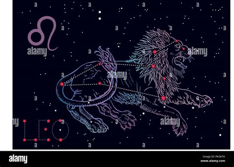 Leo zodiac sign and constellation. Lying lion on a cosmic blue background with stars. Horoscope ...