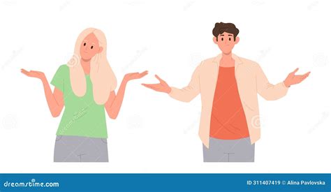 Perplexed Man and Woman Cartoon Characters with Hands Wide Spreading Gesture Pondering and ...