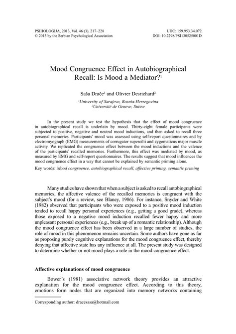 (PDF) Mood Congruence Effect in Autobiographical Recall: Is Mood a ...