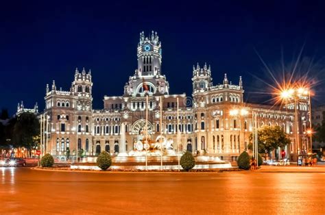 Cybele Palace and Fountain on Cibeles Square at Night, Madrid, Spain ...