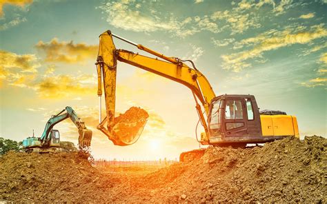 Download wallpapers excavators, evening, sunset, construction equipment, construction machines ...