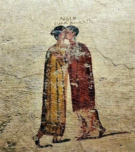 A fresco from Pompeii showing the kiss of a Roman couple. Above is the ...